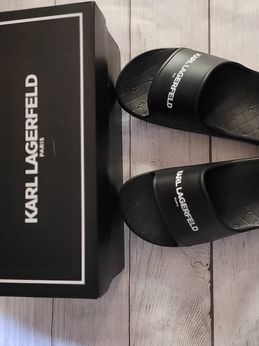 Karl Lagerfeld Black Logo Slide Sandals with White Branding